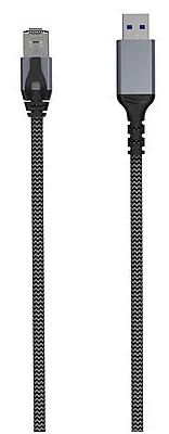 Pleciony kabel DisplayPort w kolorze czarnym i szarym, odizolowany na białym tle.