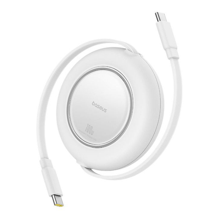Beyaz Baseus kablosuz şarj cihazı, beyaz USB-C kablosu takılı.