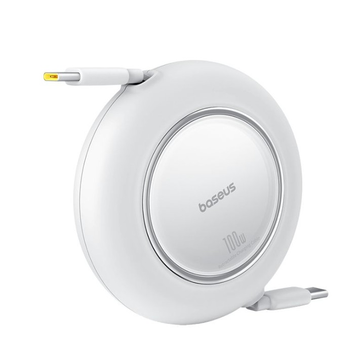 Baseus logosu ve USB-C konektörlü beyaz, dairesel şarj kablosu.