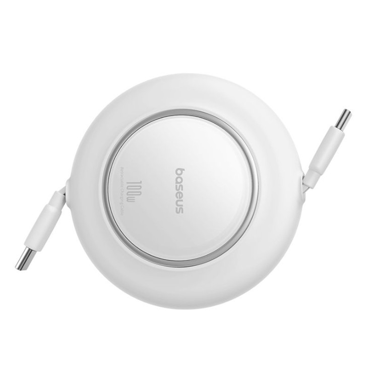 Beyaz Baseus şarj kablosu makarası. Beyaz dairesel gövdeden iki USB-C konektörü uzanıyor.