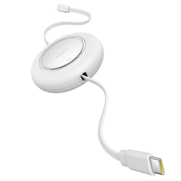 Beyaz Baseus şarj kablosu makarası, bir USB-C konektörü ve dışarı çıkan görünür bir kablo ile.