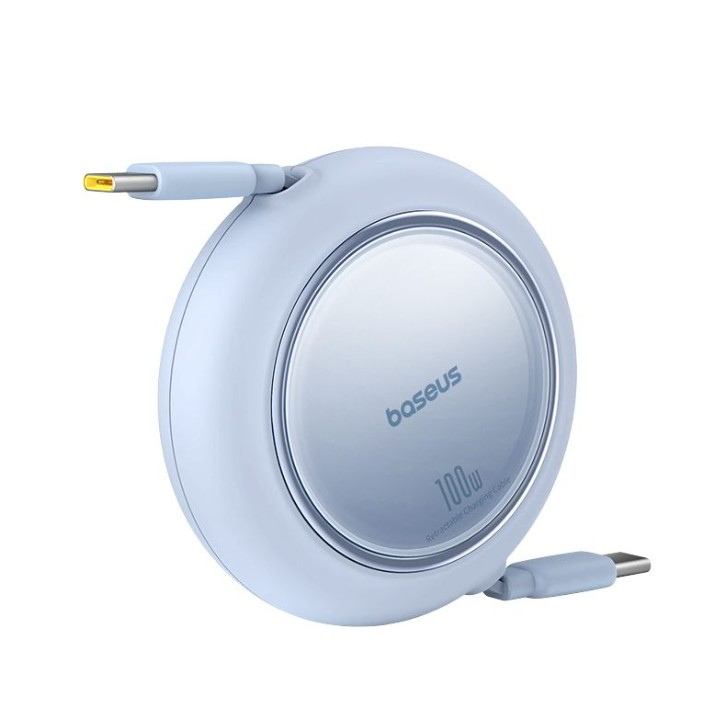 Açık mavi, dairesel bir baseus şarj kablosu, geri çekilebilir bir tasarıma ve iki USB-C ucuna sahip.