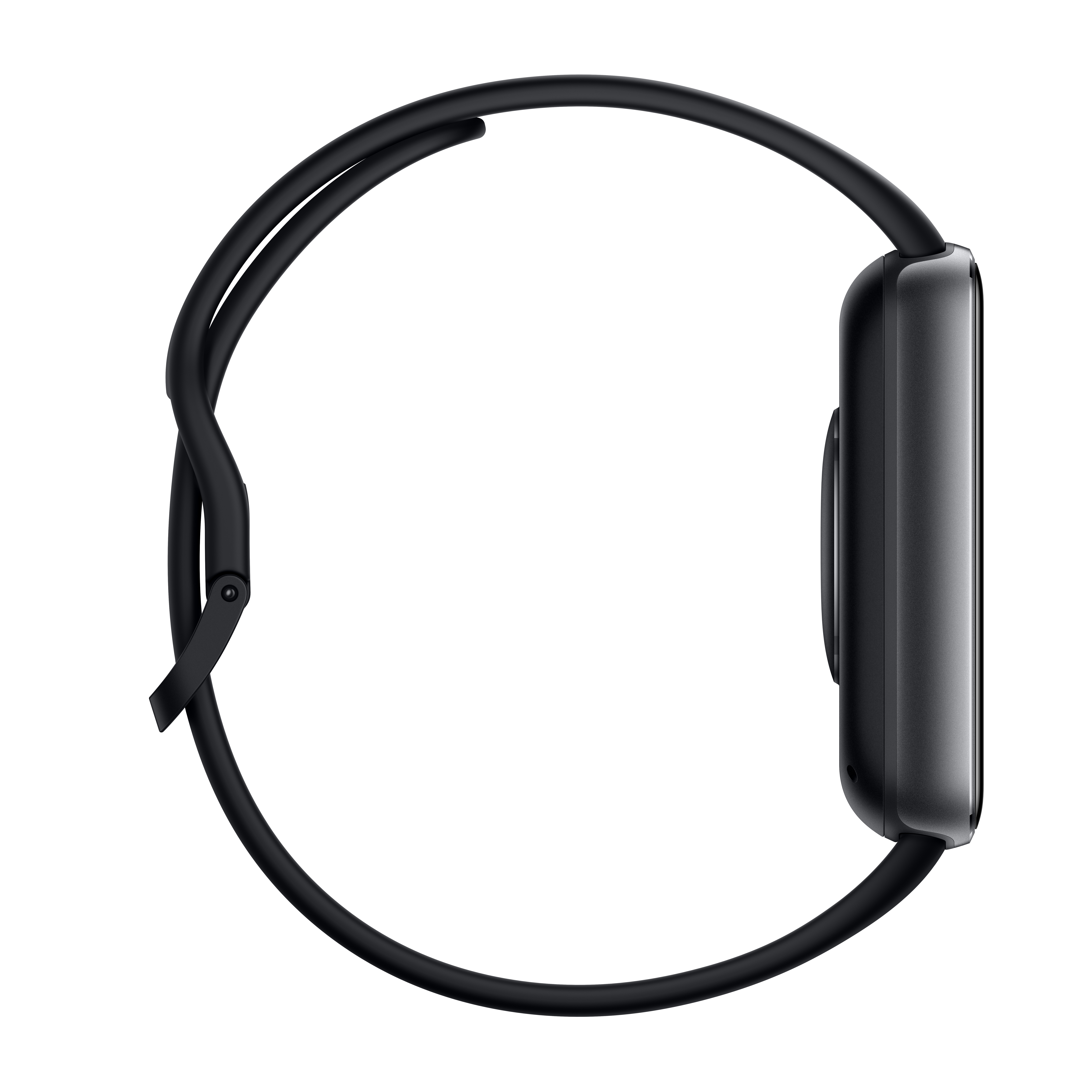 Schwarze Smartwatch von der Seite, die das kreisförmige Band und den Bildschirm zeigt.