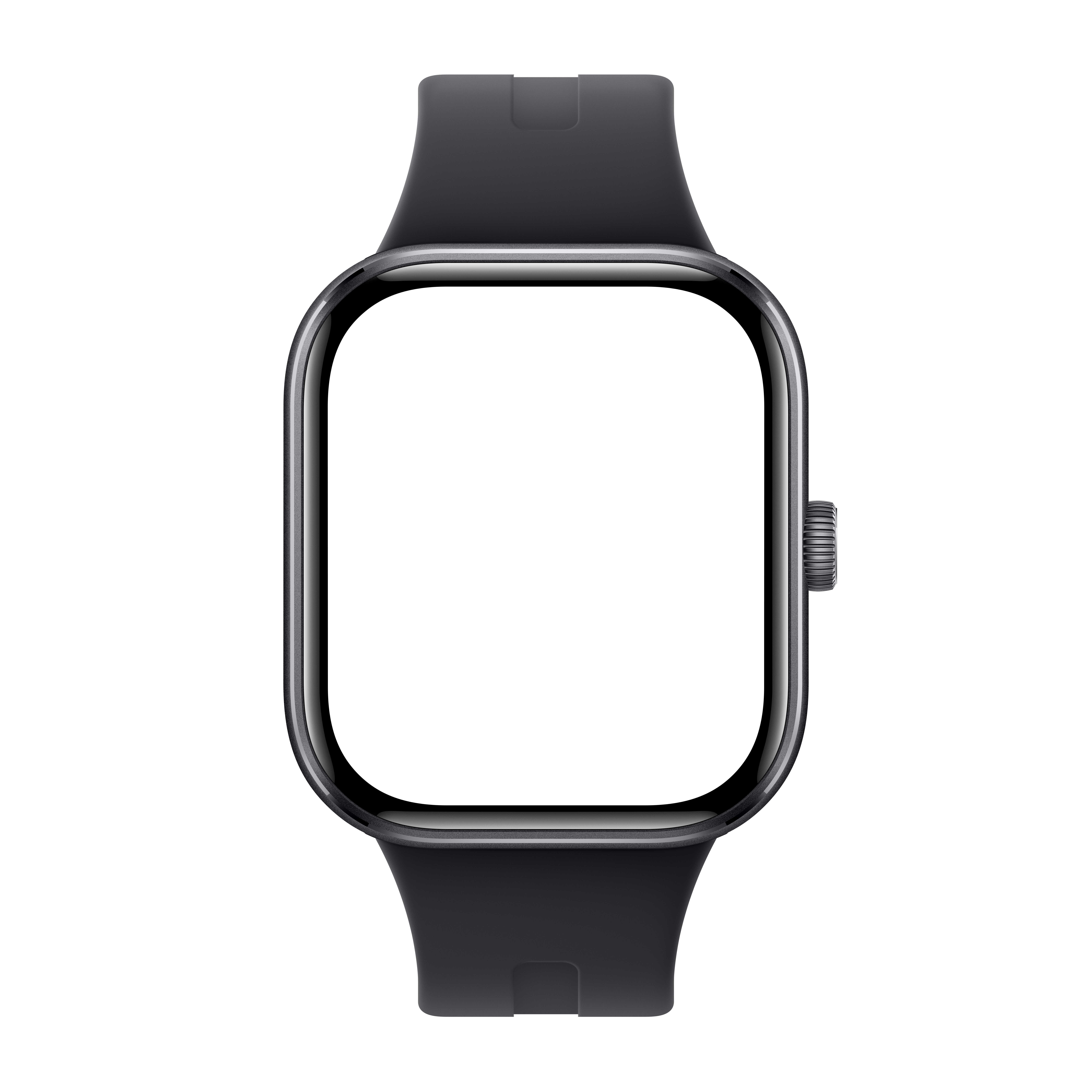 Eine schwarze Smartwatch auf schwarzem Hintergrund. Der Bildschirm ist dunkel.