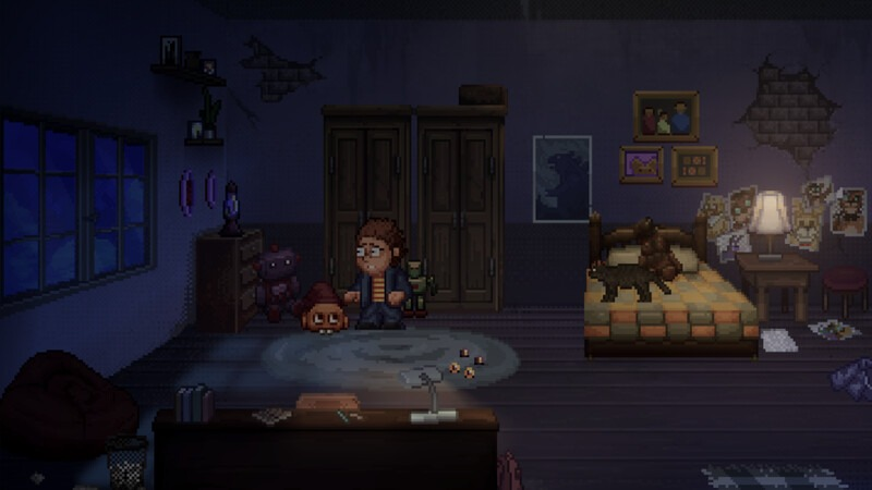 Gepixelde kamer met een man die naar een wezen kijkt. Er is een bed, een bureau en een raam.