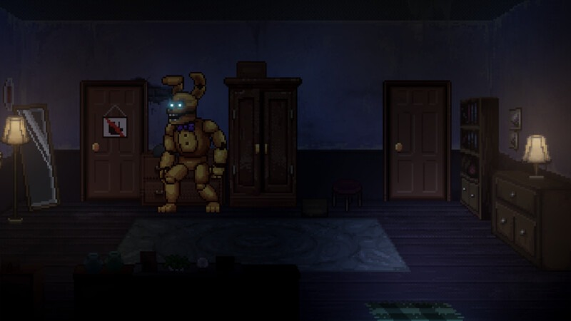 Een close-up gepixeld beeld van de open mond van een groen animatronic karakter met scherpe tanden.