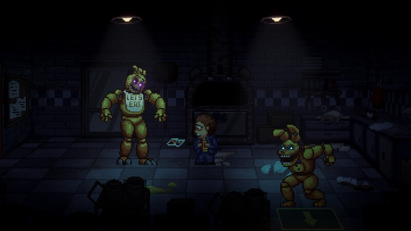 Pixelachtige scène uit een horrorspel. Twee monsters en een persoon in een donkere kamer.