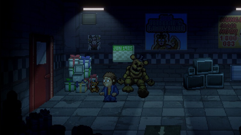 Pixelige afbeelding uit een game. Een jongen en een gouden berenrobot staan in een donkere kamer.
