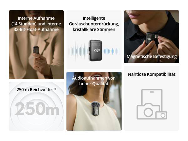 Bilder eines schwarzen drahtlosen Mikrofons mit Funktionen, einschließlich großer Reichweite.