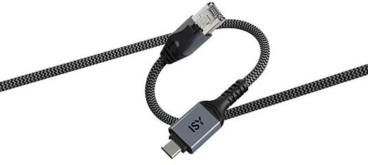 Czarno-szary kabel USB-C do Ethernet. Jeden koniec to USB-C, drugi to złącze Ethernet.