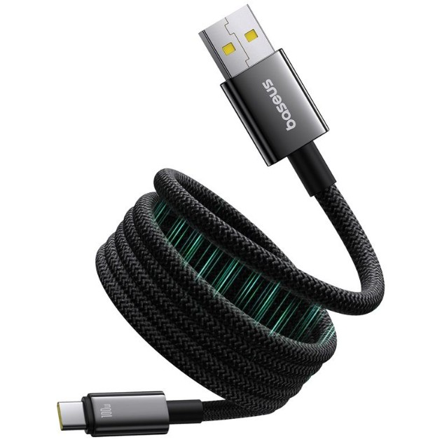 Gümüş konektörlü ve Baseus markalı siyah ve gri örgülü USB-C kablosu.