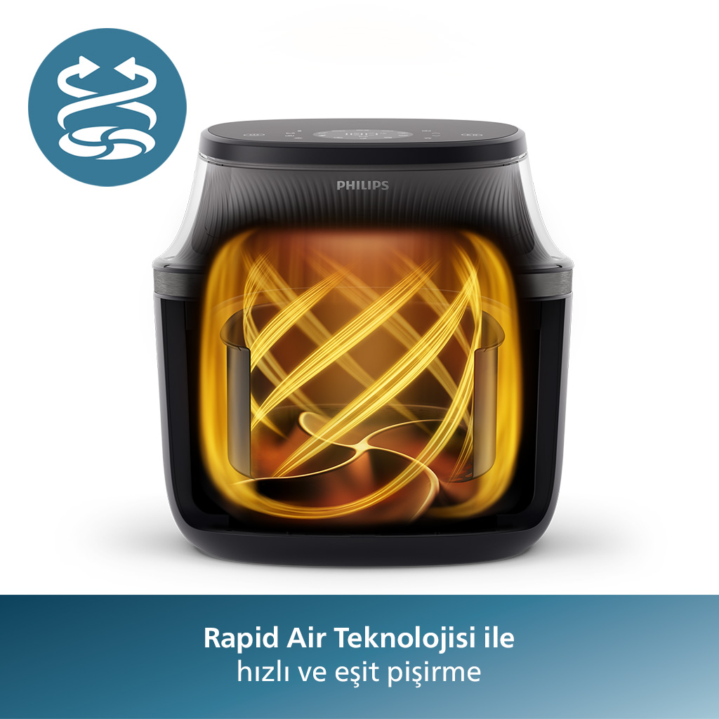 İçinde yiyecek olan Philips hava fritözü, 'Rapid Air Technology' metni ve logosu.