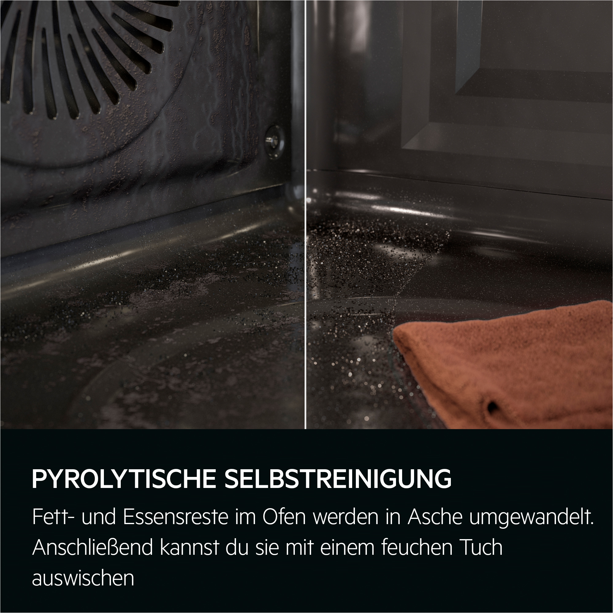 Schmutziger Ofen, Reinigungsinfos auf Deutsch. Braunes Tuch am Boden.