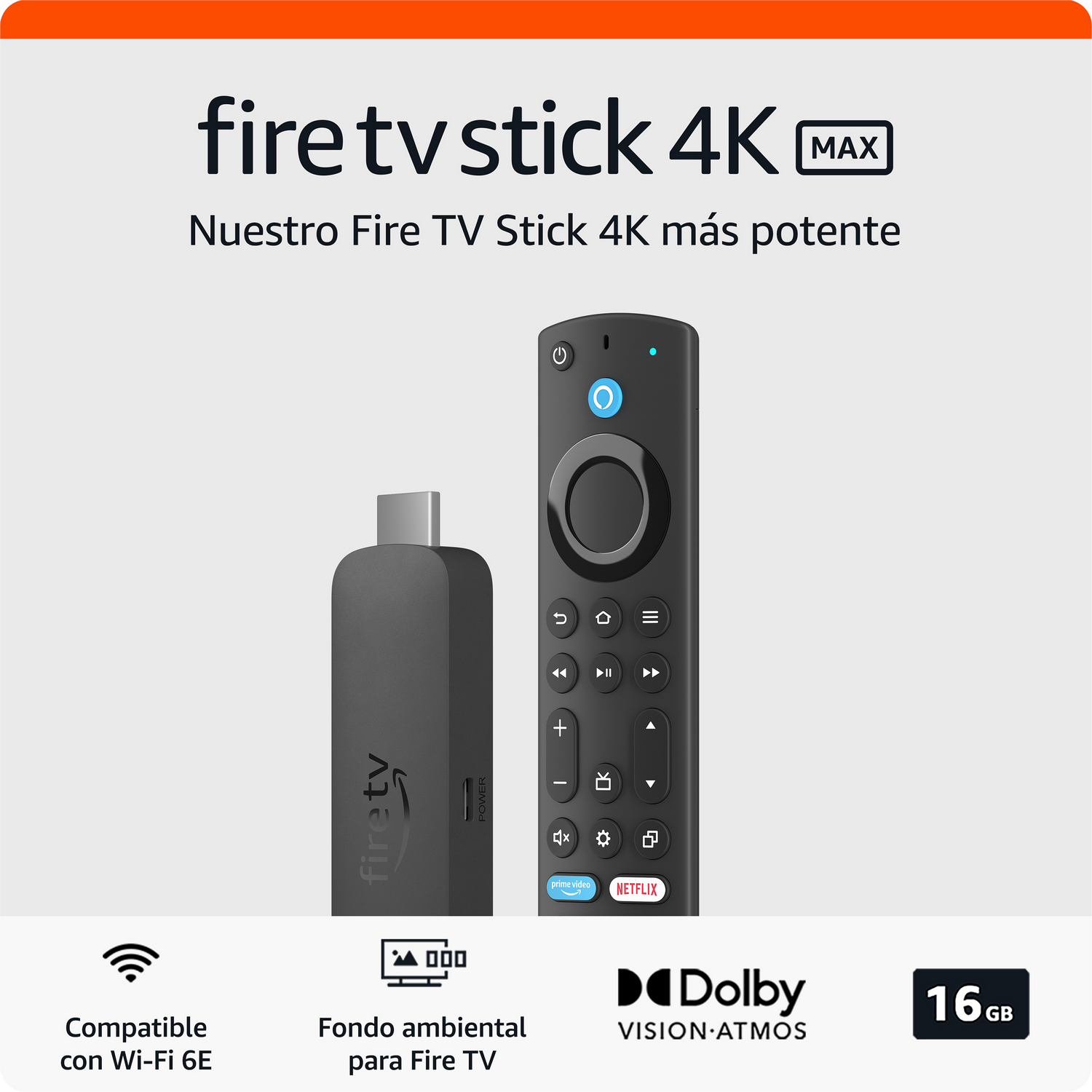 Fire TV Stick 4K MAX, con un mando y sus características.