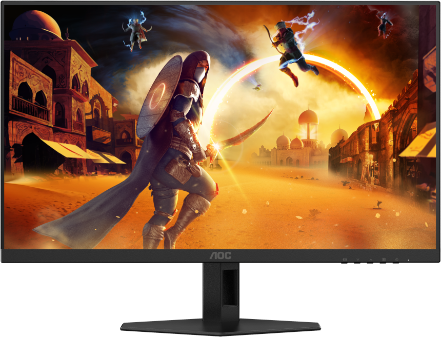 Moniteur AOC affichant une scène de jeu fantastique avec des personnages.