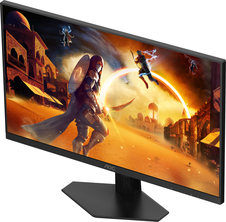 Moniteur de jeu AOC montrant une scène de jeu fantastique avec des personnages.