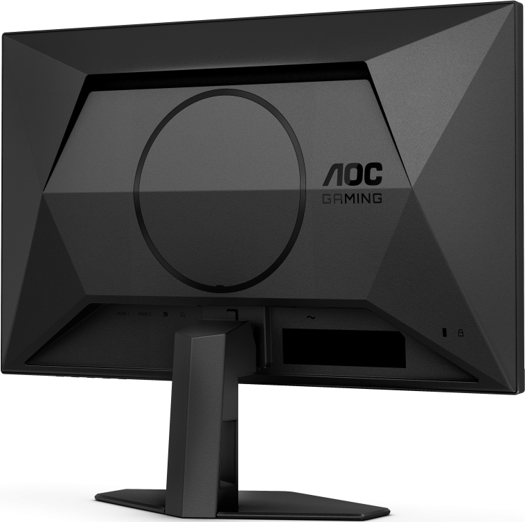 Dos d'un moniteur d'ordinateur noir. Le moniteur a un support et le logo AOC Gaming.