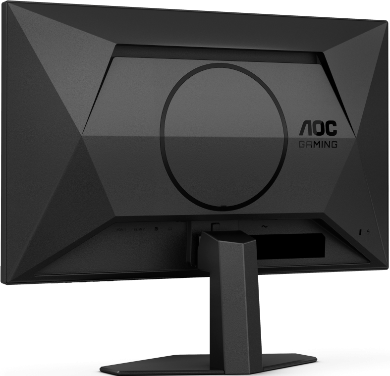 Arrière de l'écran AOC Gaming noir. Comprend des ports et un support.