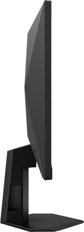 Un moniteur d'ordinateur noir vu de côté. Le moniteur est sur un support noir.