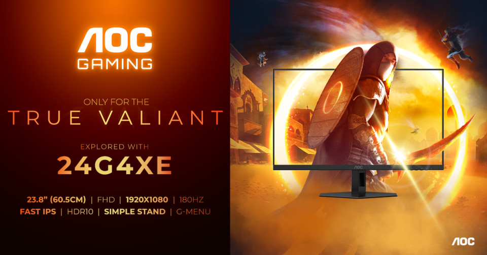 Publicité pour un moniteur de jeu AOC. Un moniteur affiche un guerrier.