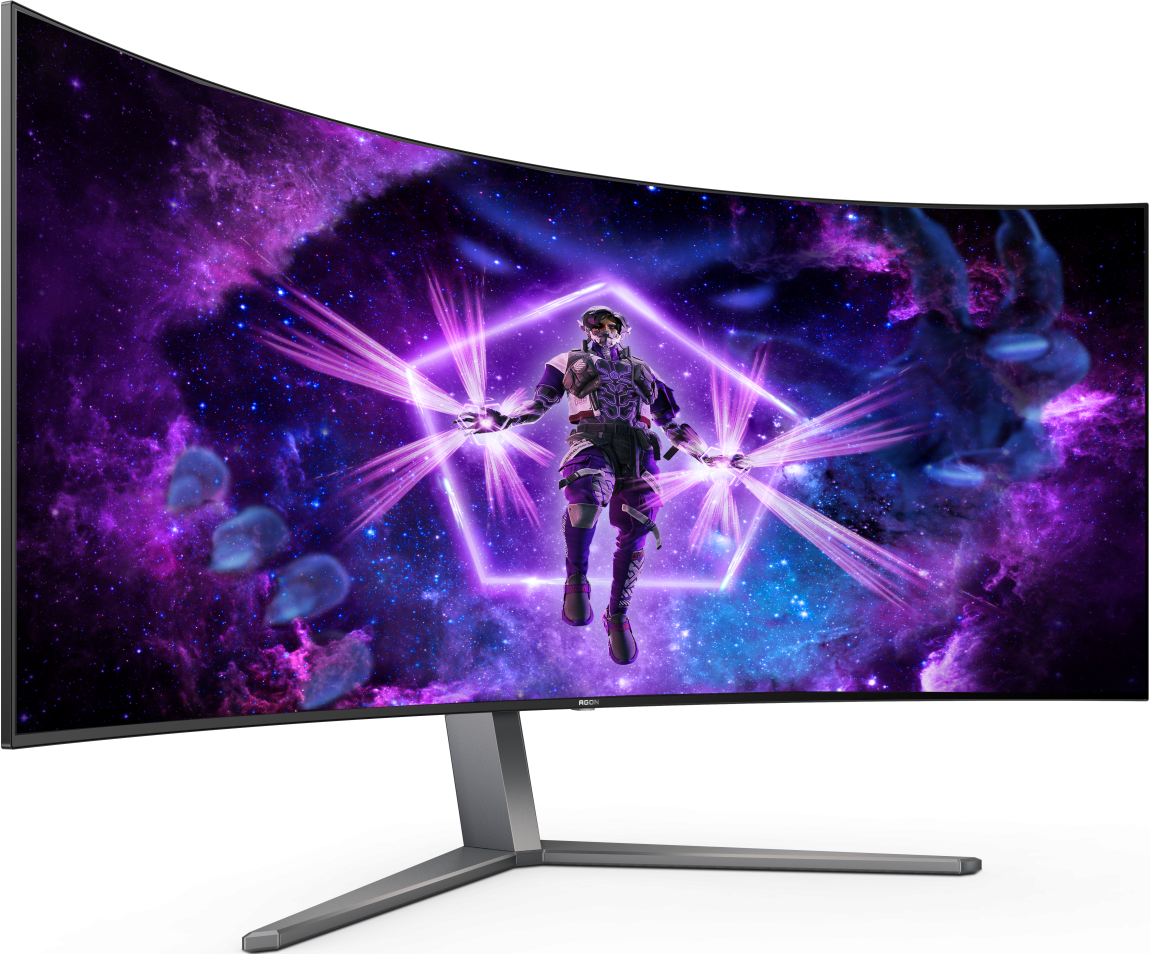 Moniteur incurvé avec une scène de jeu, une figure au centre et un support.