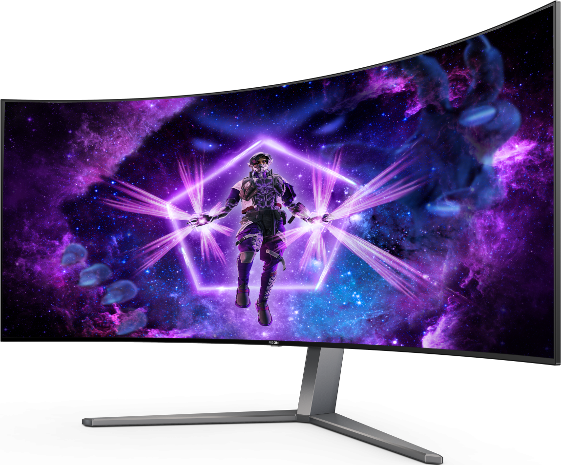 Moniteur d'ordinateur incurvé affichant une image colorée sur le thème de l'espace.