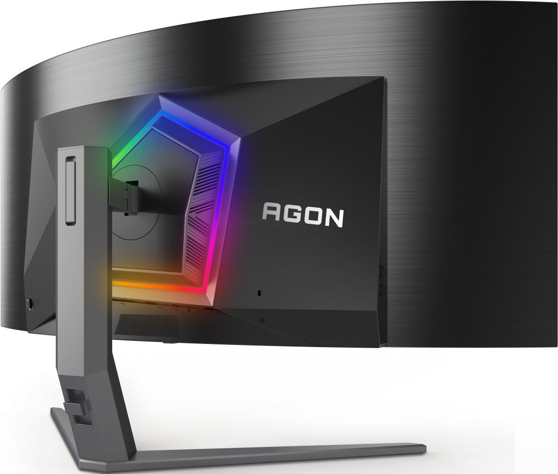 Vue arrière d'un moniteur AGON noir incurvé avec lumières LED.