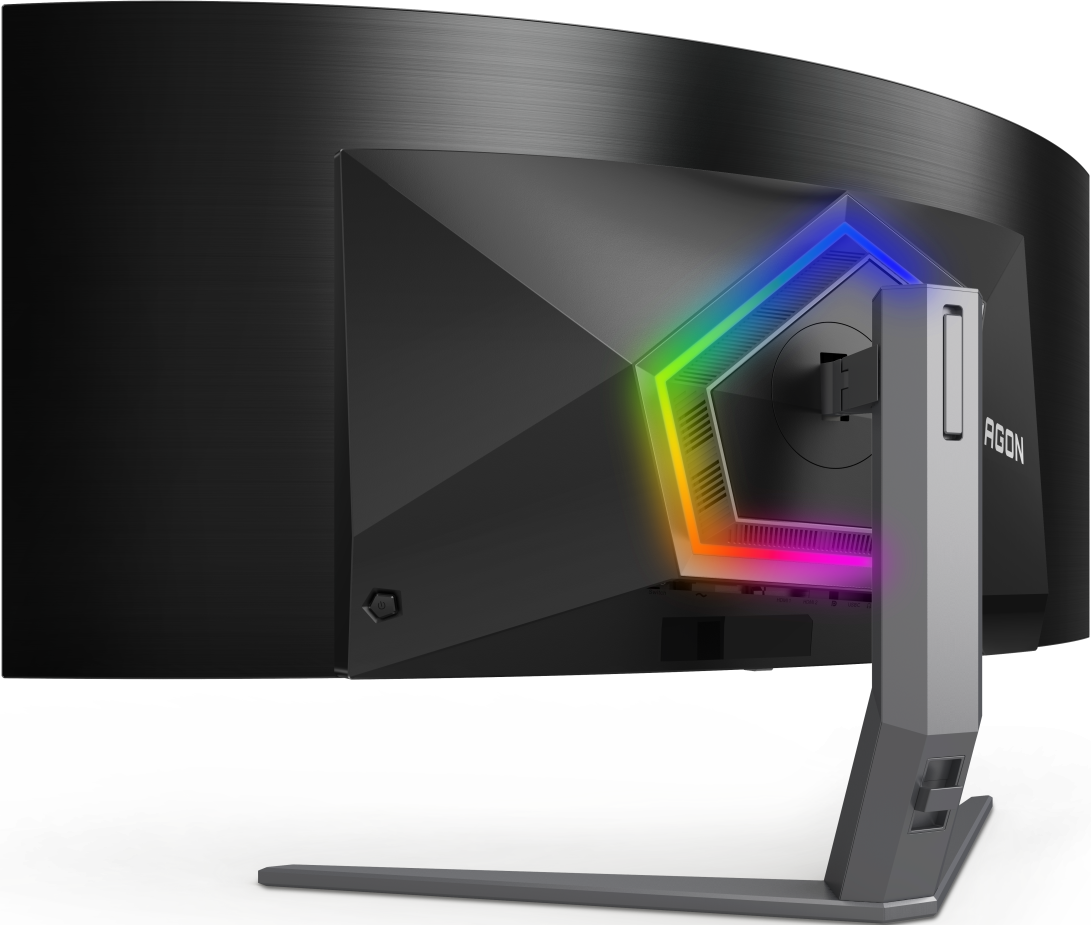 Vue arrière d'un moniteur incurvé noir. Lumières LED en forme de pentagone visibles.