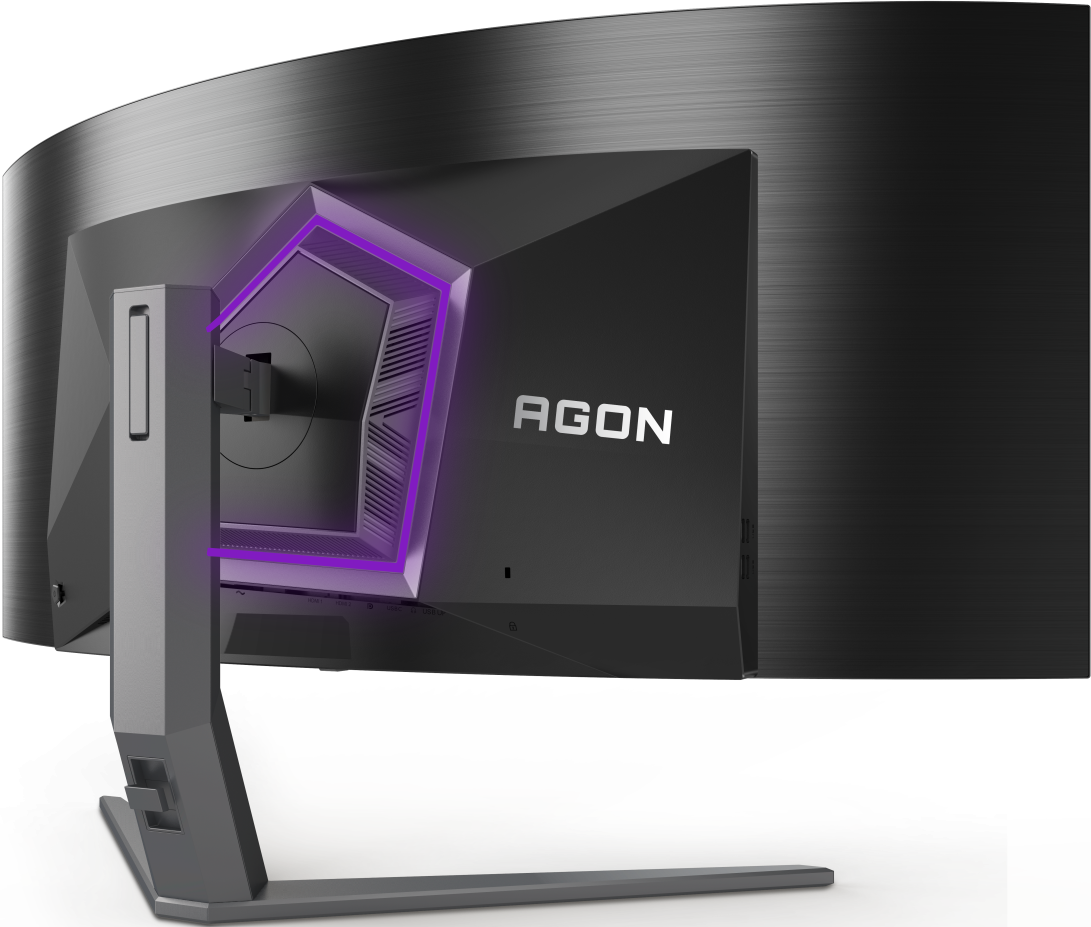 Vue arrière d'un moniteur de jeu, noir avec des accents violets, logo AGON, pied.