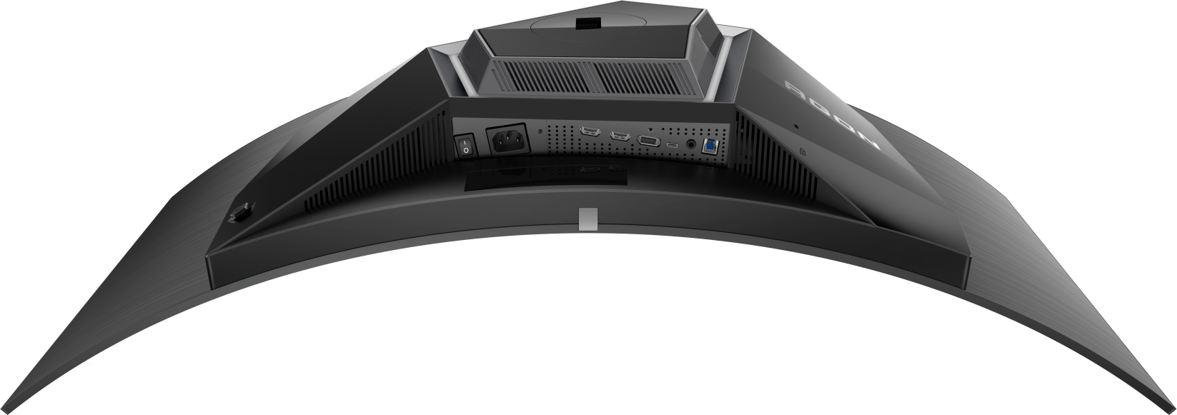 Arrière d'un moniteur de jeu incurvé. Ports et connexions visibles. Noir et gris.