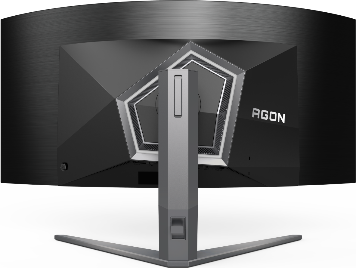 Arrière d'un écran d'ordinateur noir, avec un support argenté et le logo AGON.