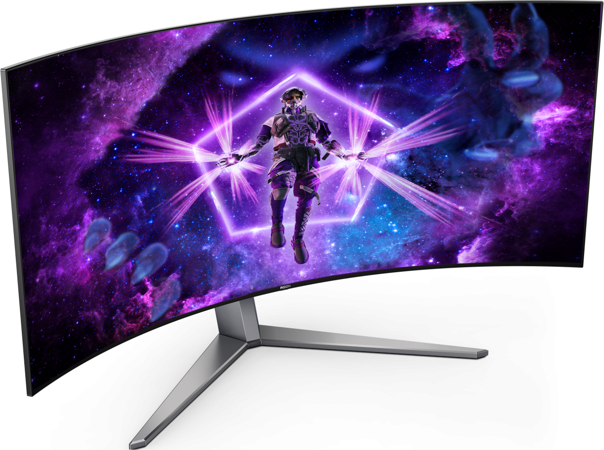 Écran incurvé avec une scène de jeu futuriste. Support argenté. Les couleurs violet et bleu dominent.