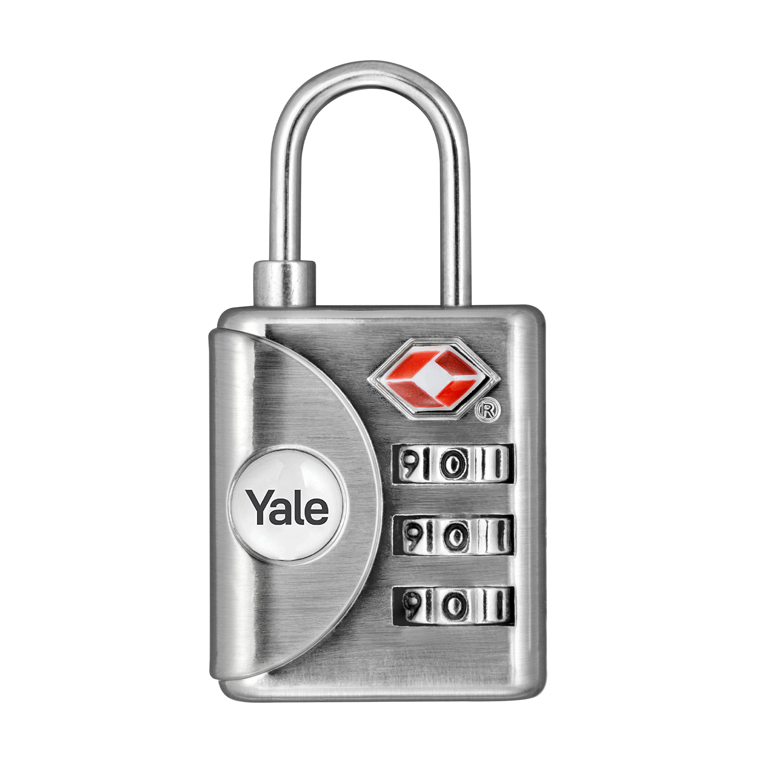 Lucchetto a combinazione Yale argento con numeri e logo rosso.