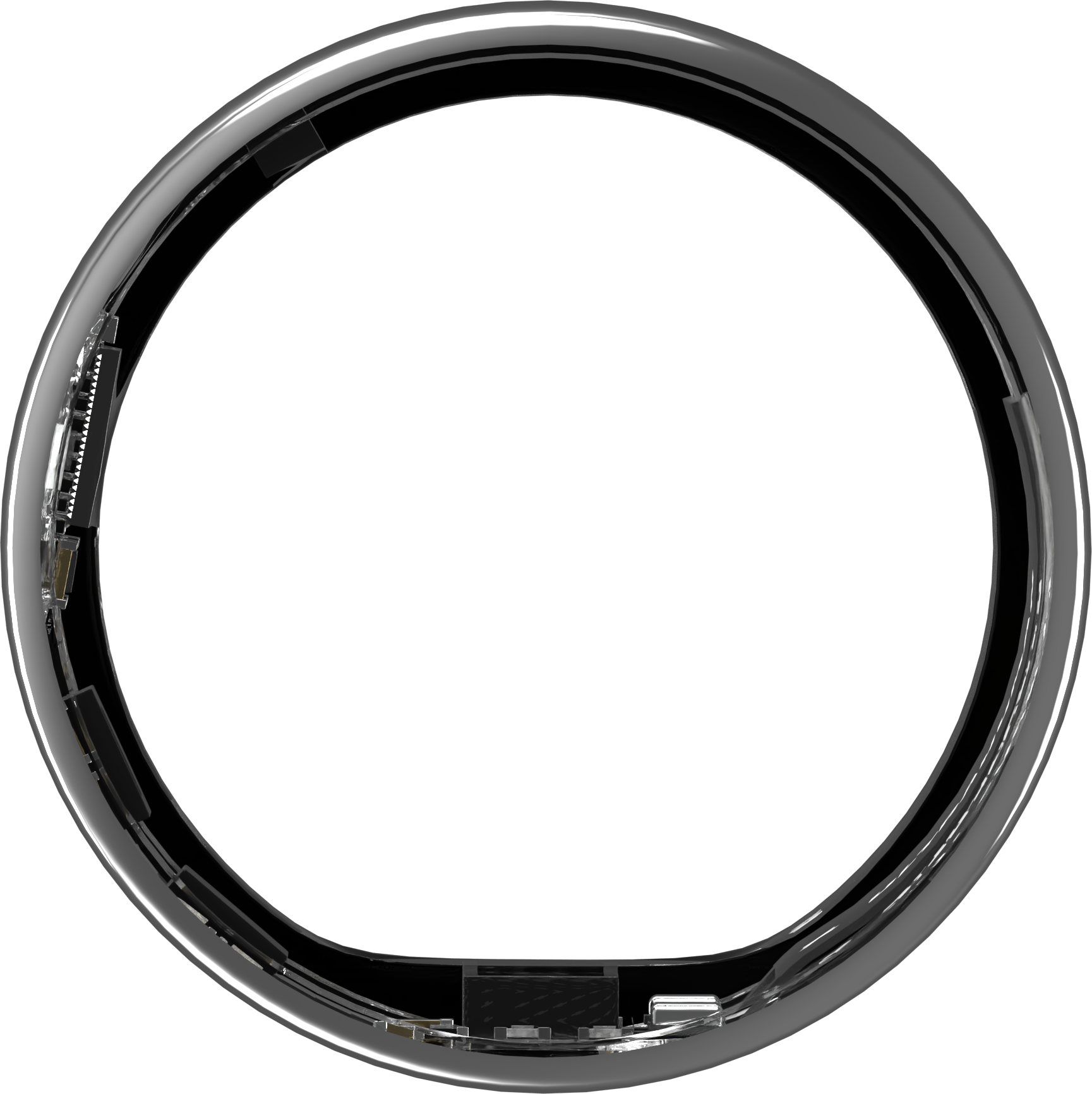 Egy polírozott ezüst gyűrű, melynek belsejében elektronikai alkatrészek láthatók.