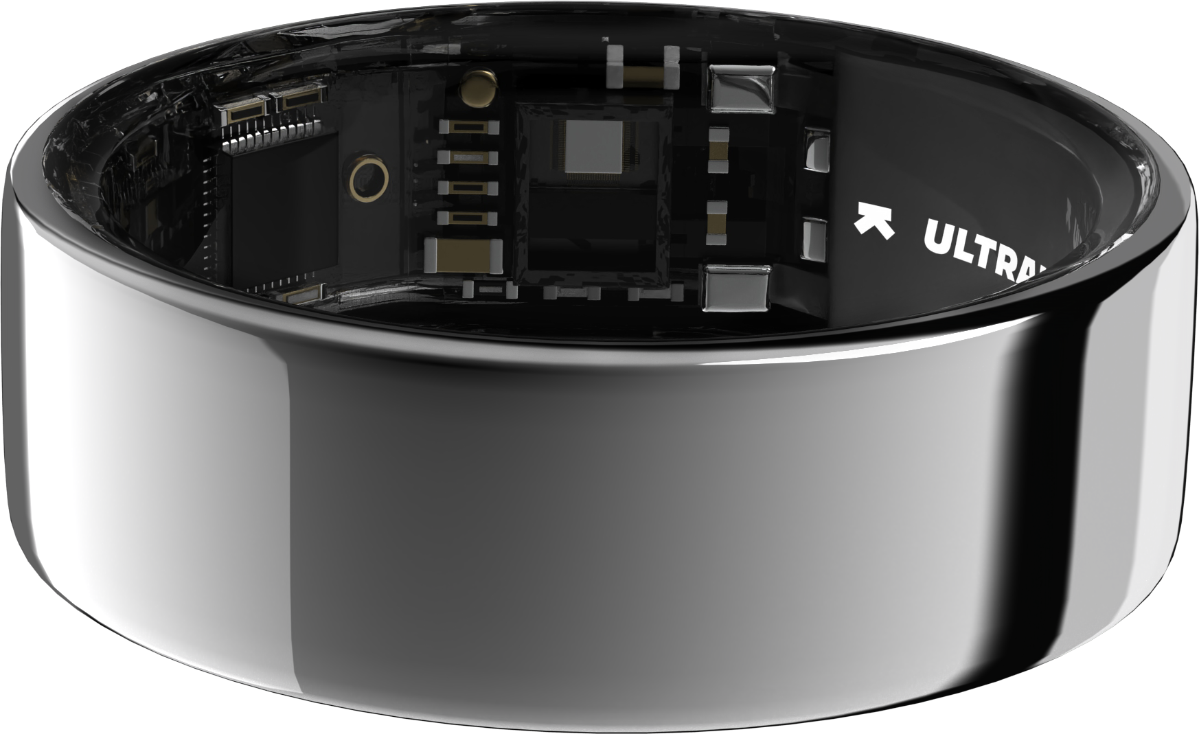 Egy ezüst okosgyűrű közeli képe belső áramkörrel.