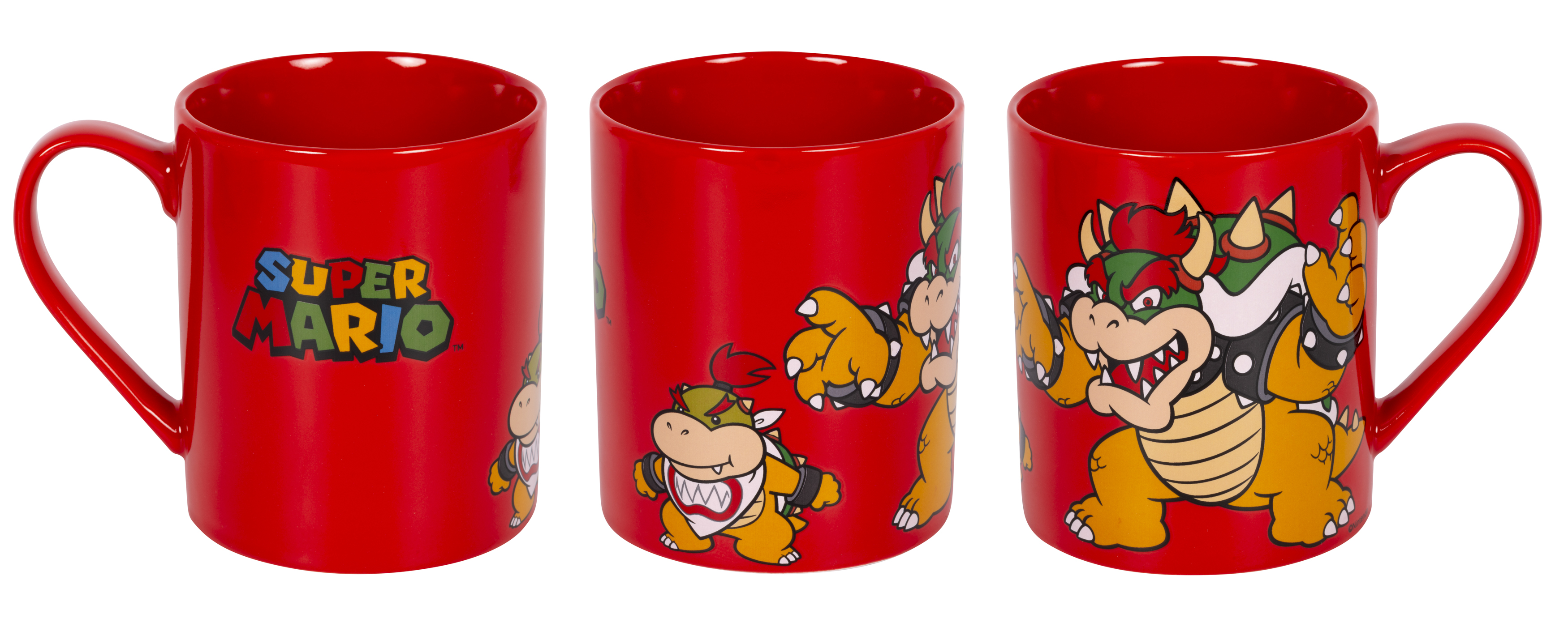 Drei rote Tassen mit Super Mario-Figuren darauf.