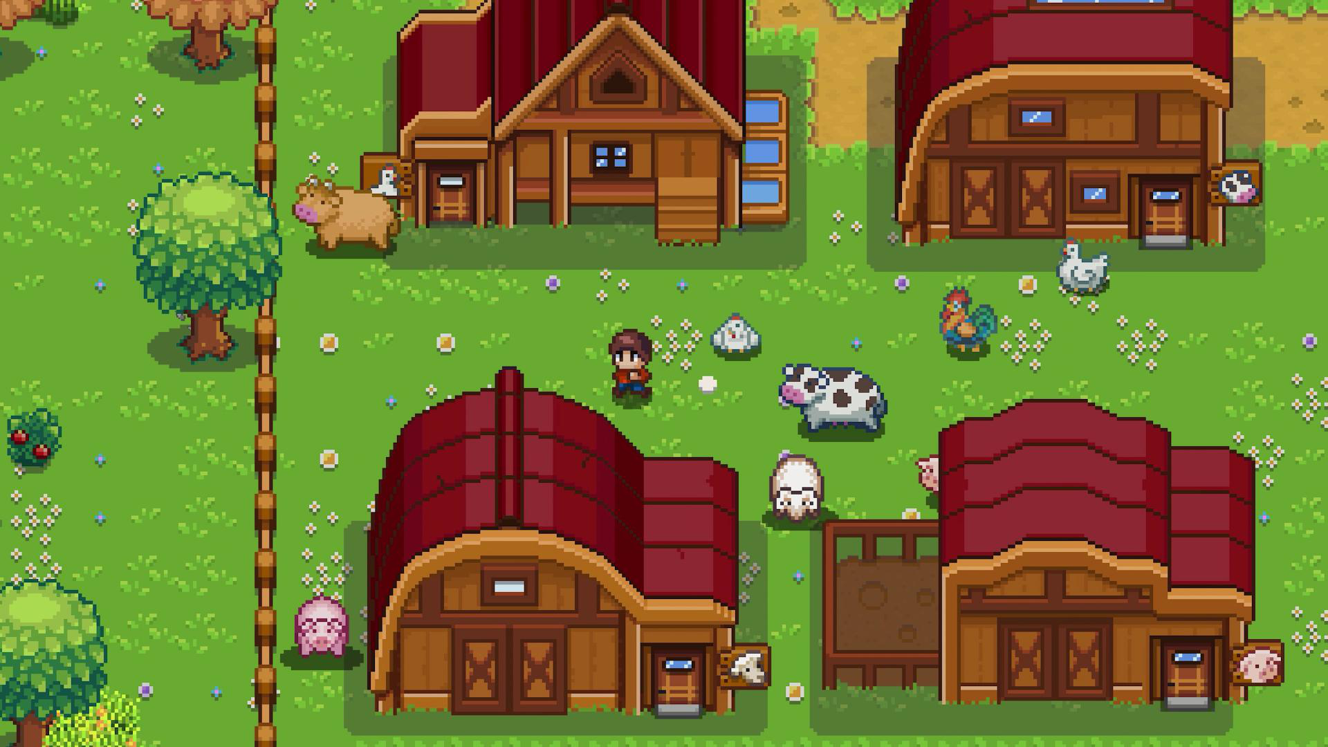 Pixelige Farm-Szene mit Häusern, Tieren und einem Charakter in der Mitte.