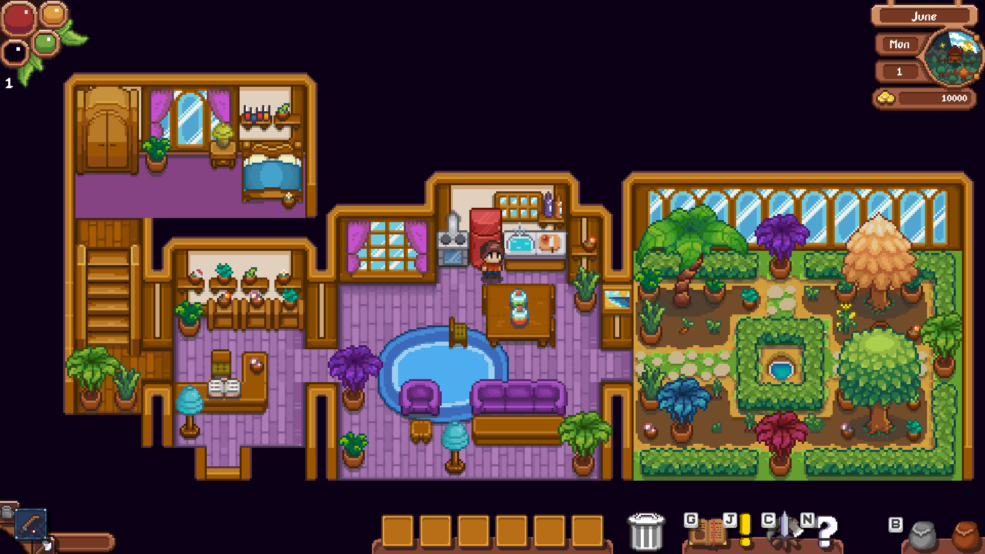 Eine Draufsicht auf ein Pixel-Art-Spiellevel mit Räumen, einem Garten und einem Pool.