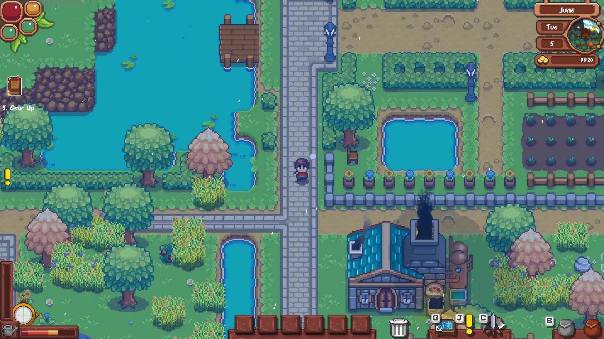 Draufsicht auf eine pixelige Farmspielszene mit einer Figur, die auf einem Pfad geht.