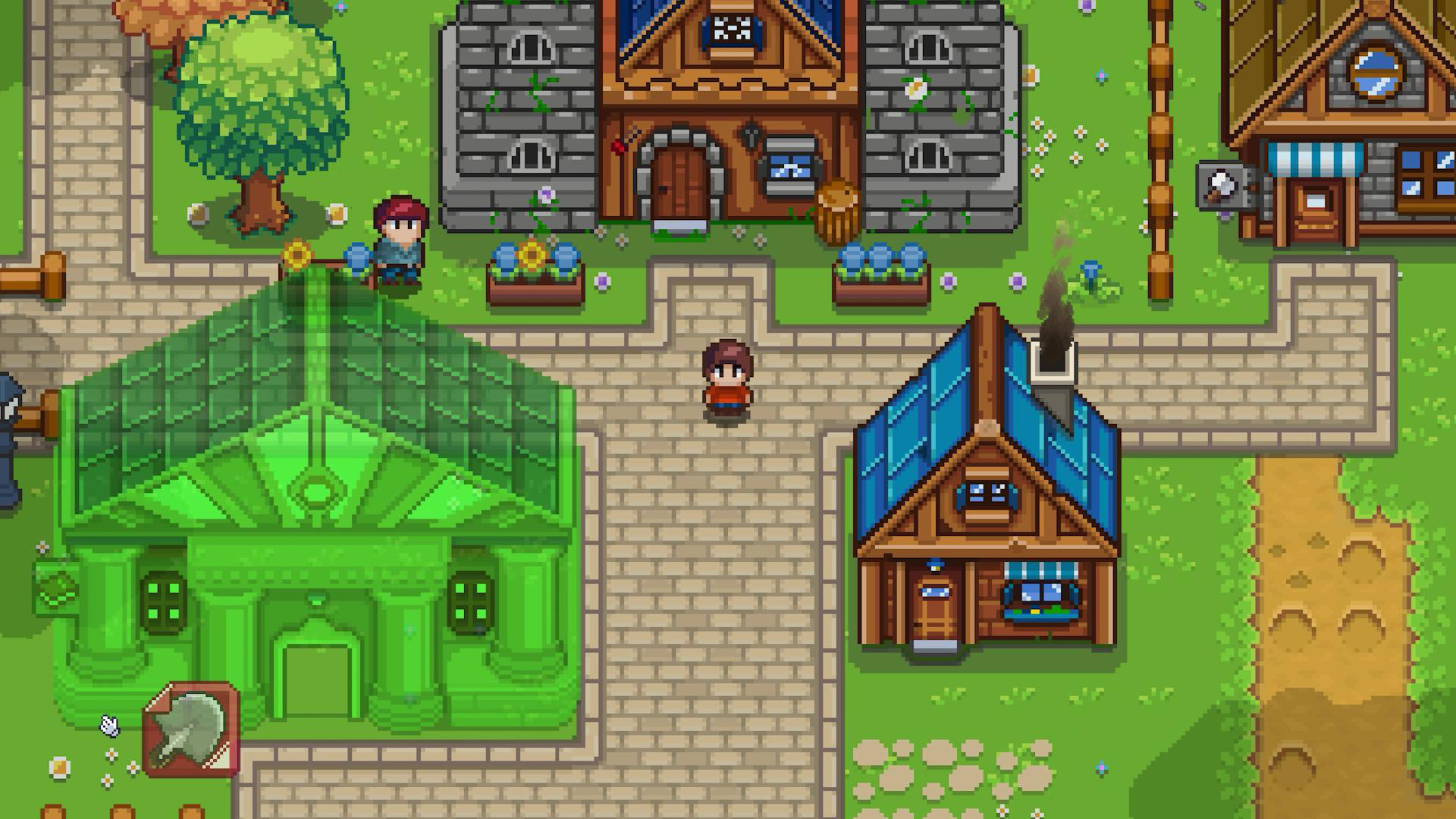 Pixel-Art-Illustration eines Stadtplatzes mit Gebäuden und Menschen.