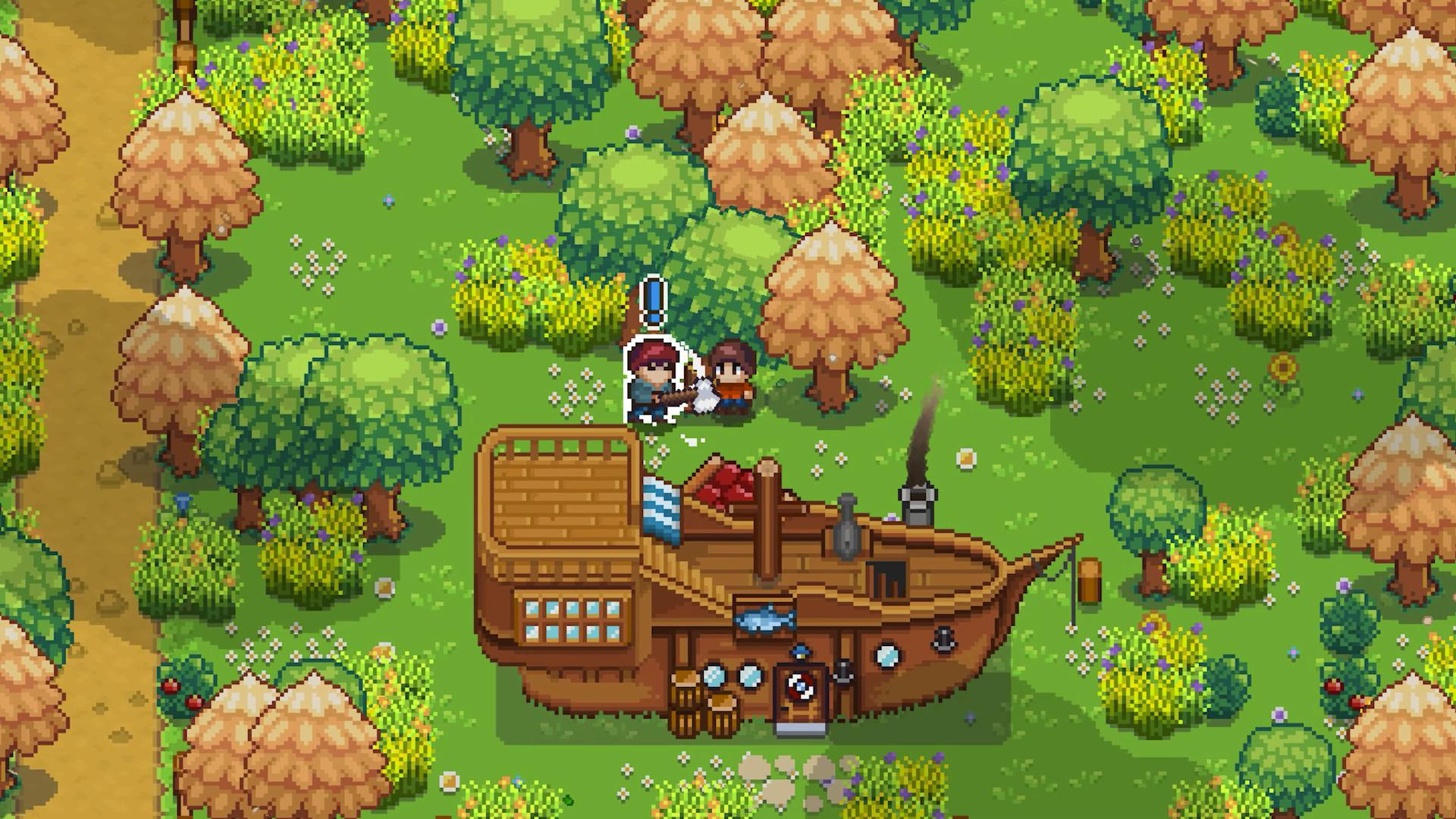 Pixel-Art-Szene. Zwei Charaktere neben einem Schiff, auf einem grünen Feld.