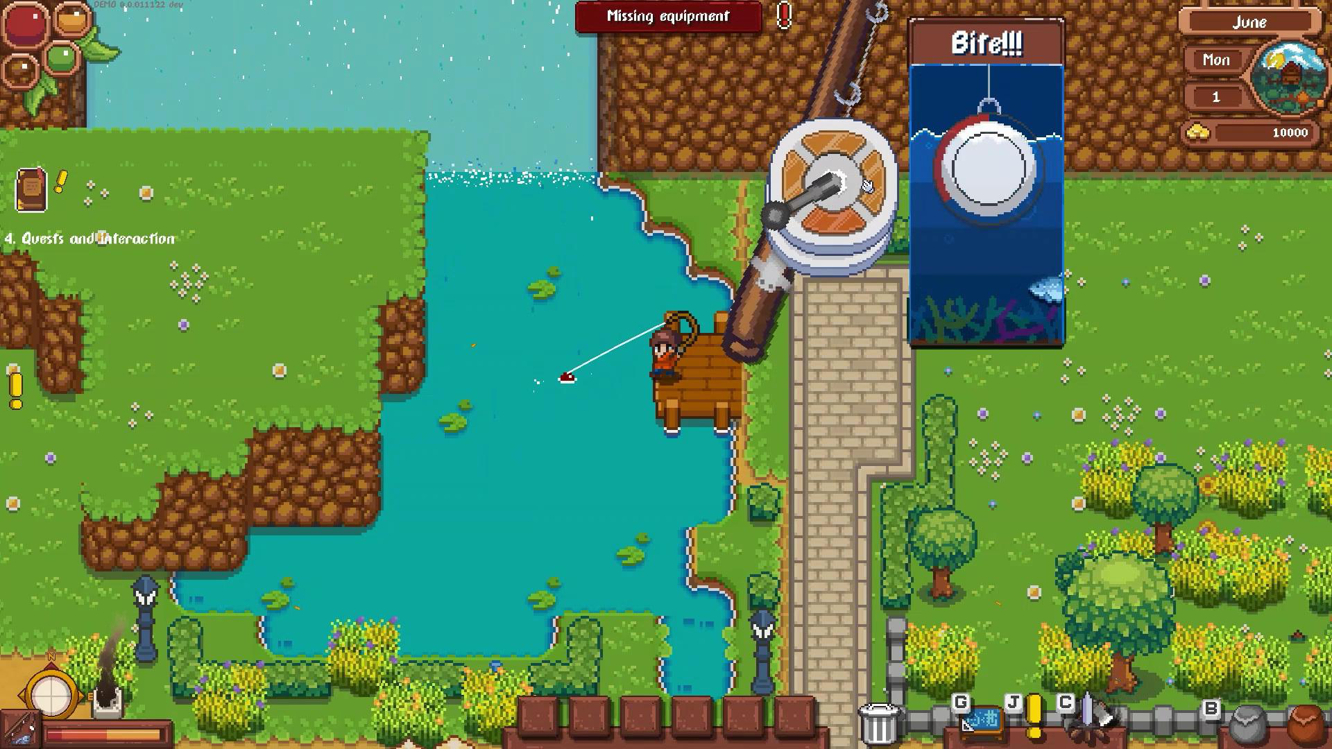 Pixelkunst. Ein Mann angelt an einem Steg. Das Wort „Bite!!!“ wird angezeigt.