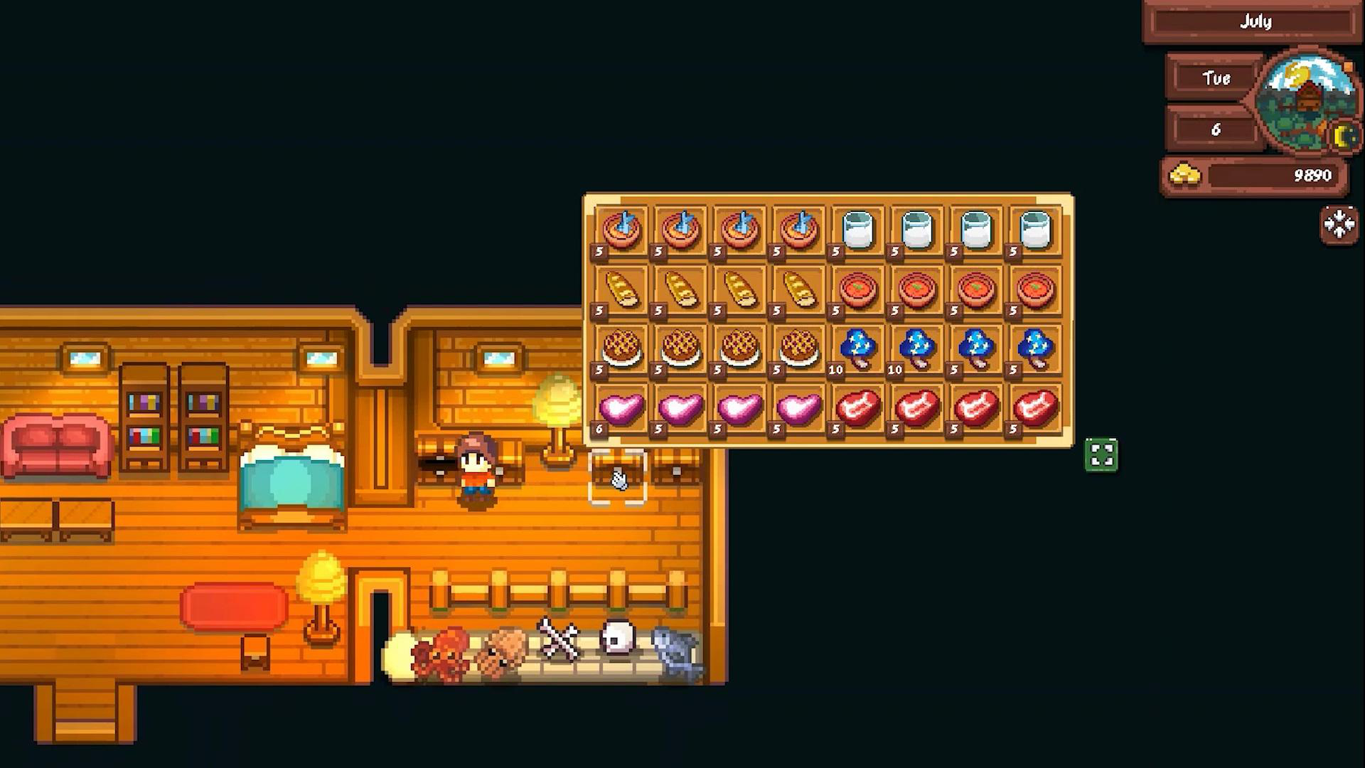 Eine verpixelte Innenszene mit einem Charakter und Essenssymbolen in einer Spielumgebung.