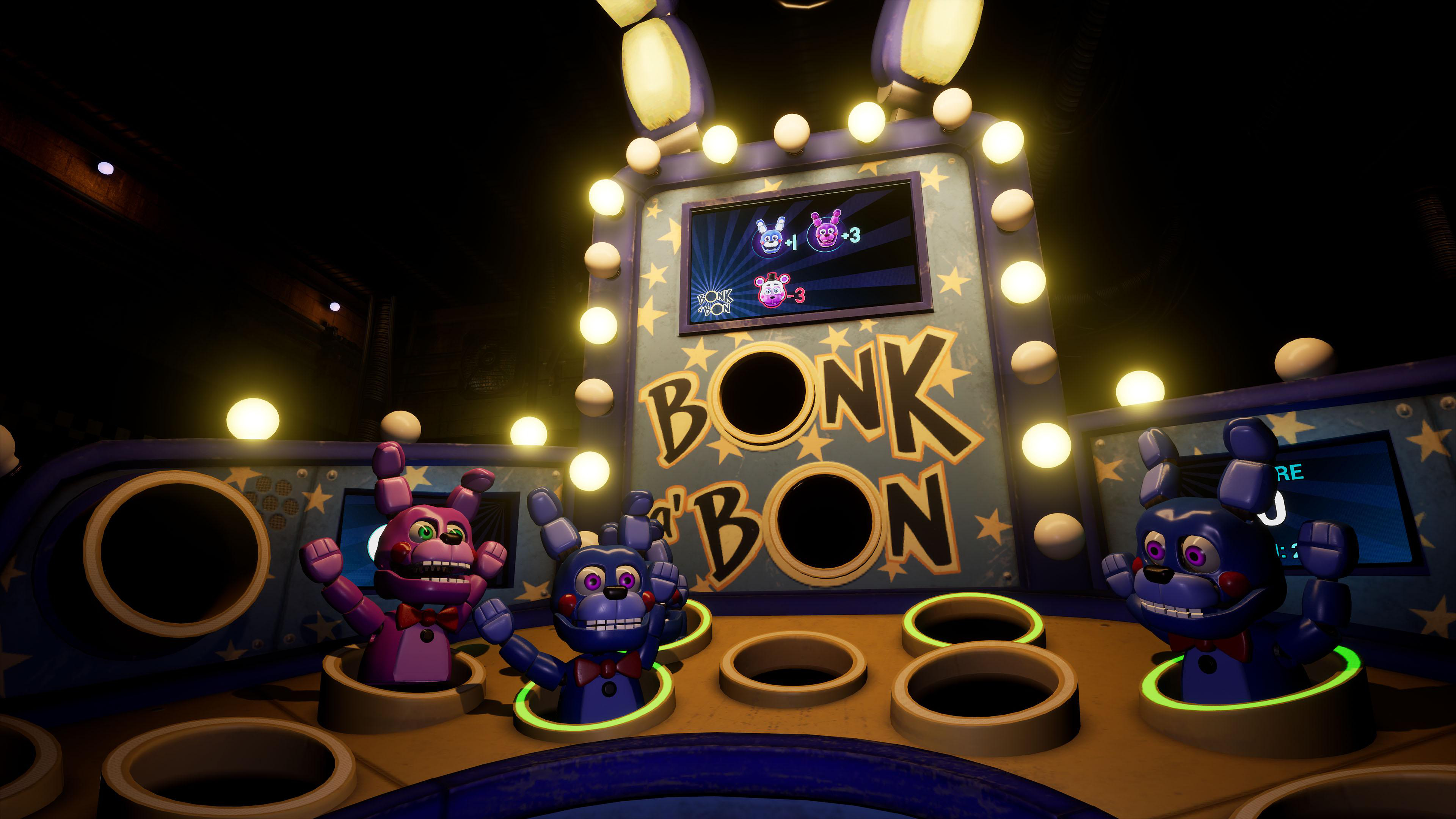 Five Nights at Freddy's Arcade-Spiel mit animierten Charakteren und Spielbildschirm.