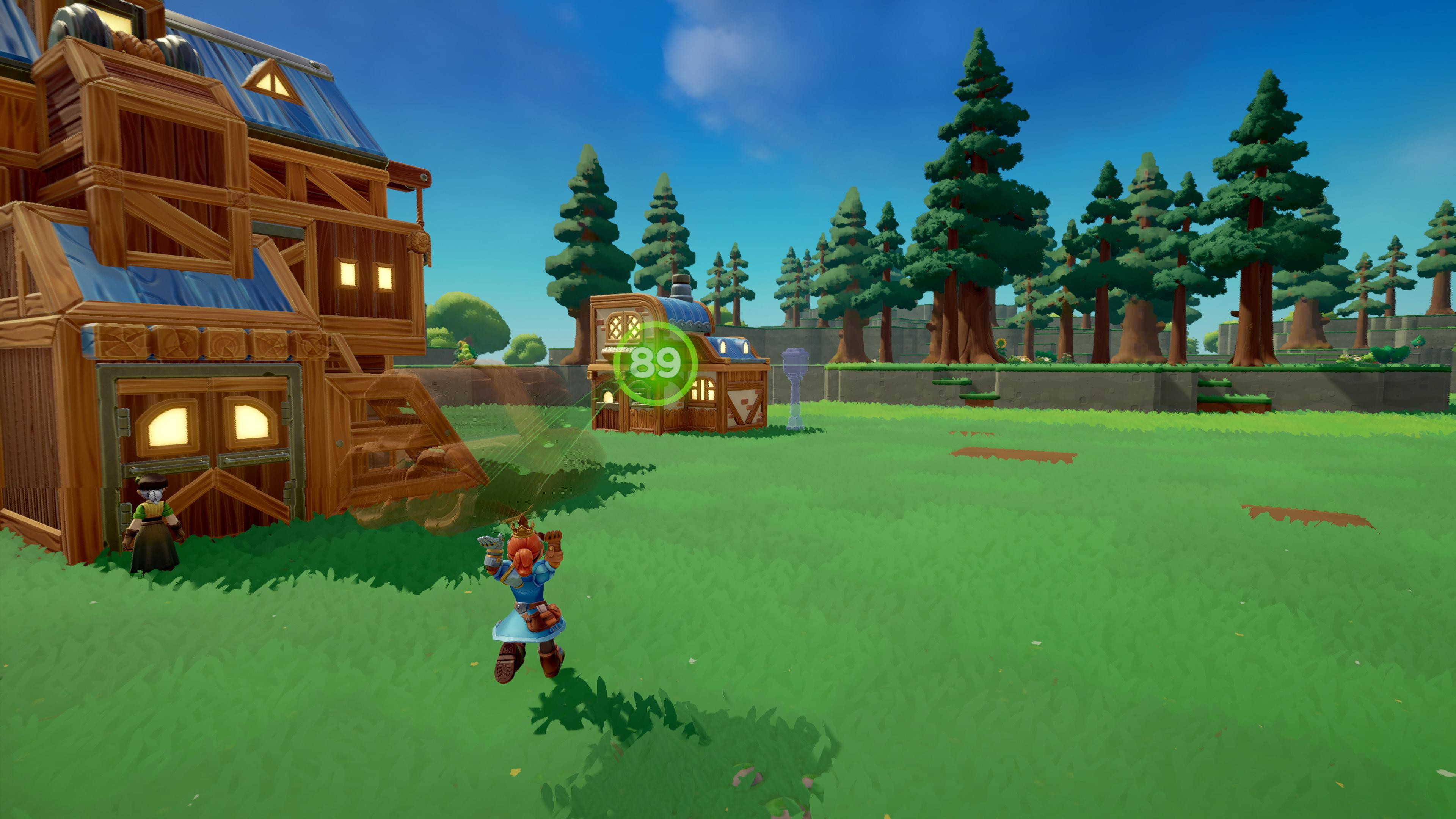 Eine Cartoon-Spielszene mit einer Figur auf einem Feld. Gebäude und Bäume im Hintergrund. Nummer 89 sichtbar.