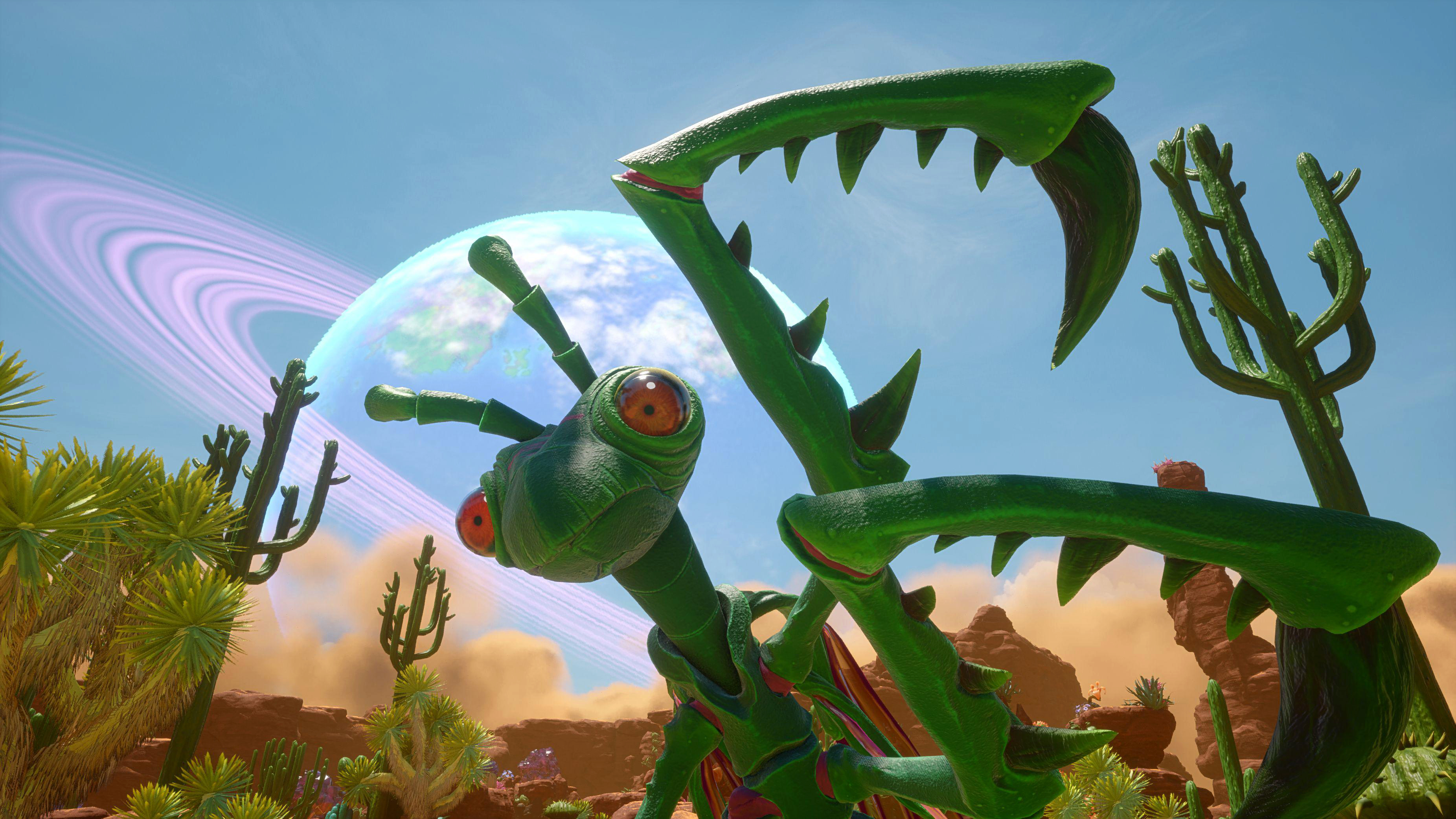 Ein grüner Alien-Käfer mit großen Mandibeln und einem Planetenring-Hintergrund.