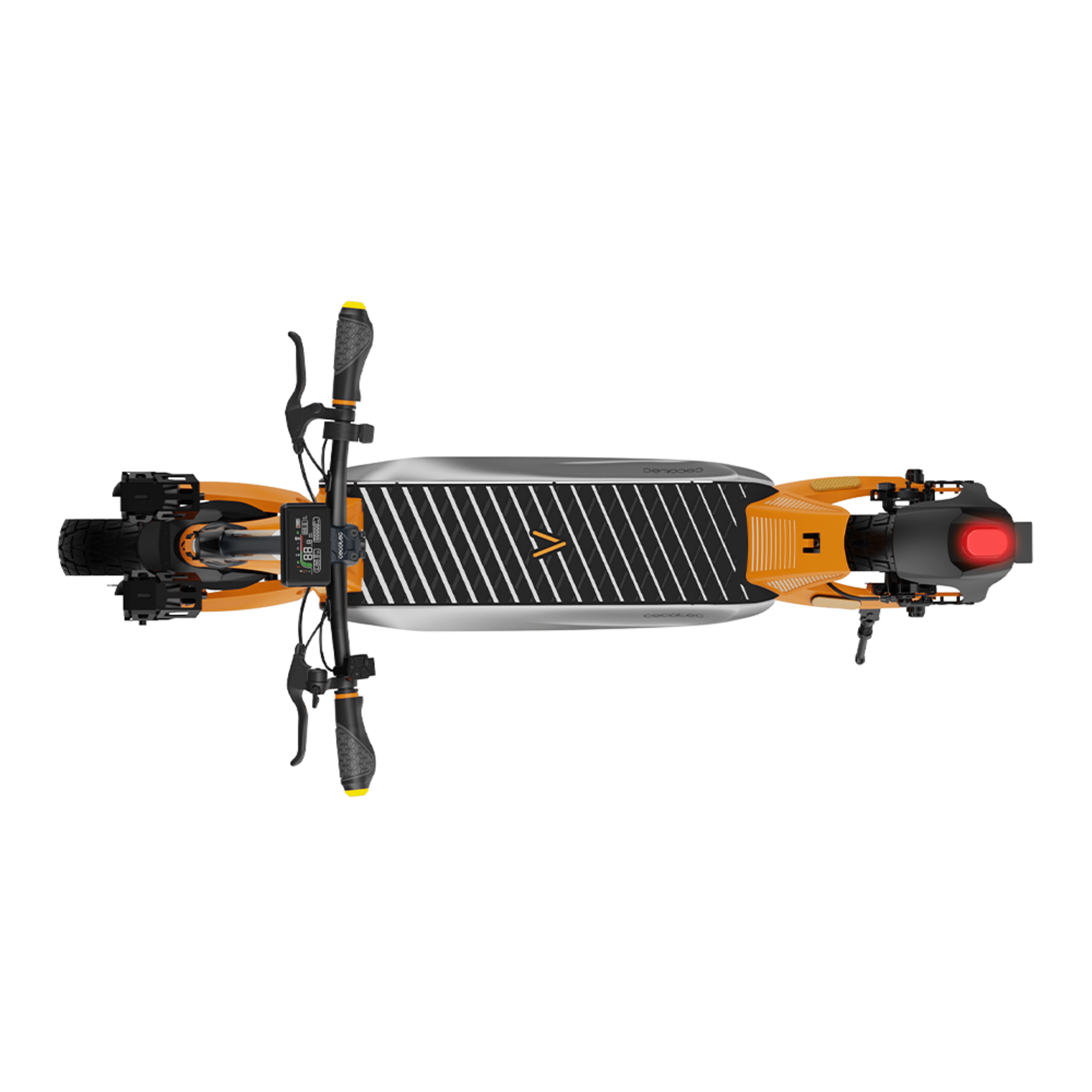 Vista cenital de un patinete eléctrico naranja y negro sobre fondo negro.