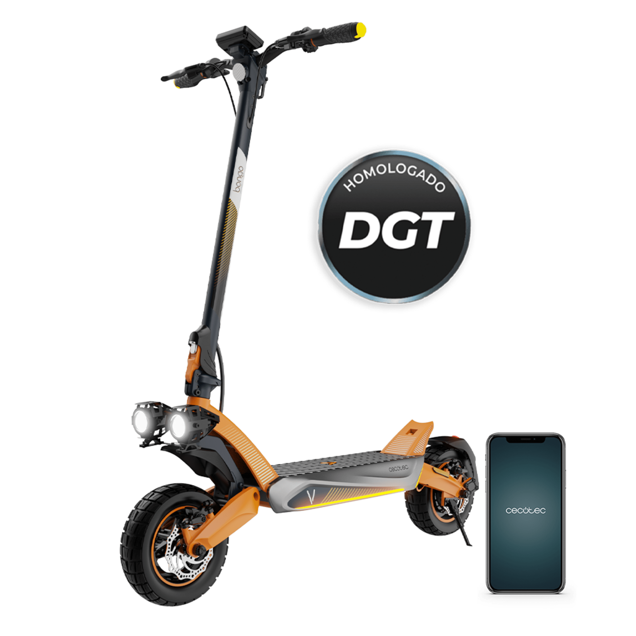Un patinete eléctrico naranja y negro y una pantalla de teléfono.