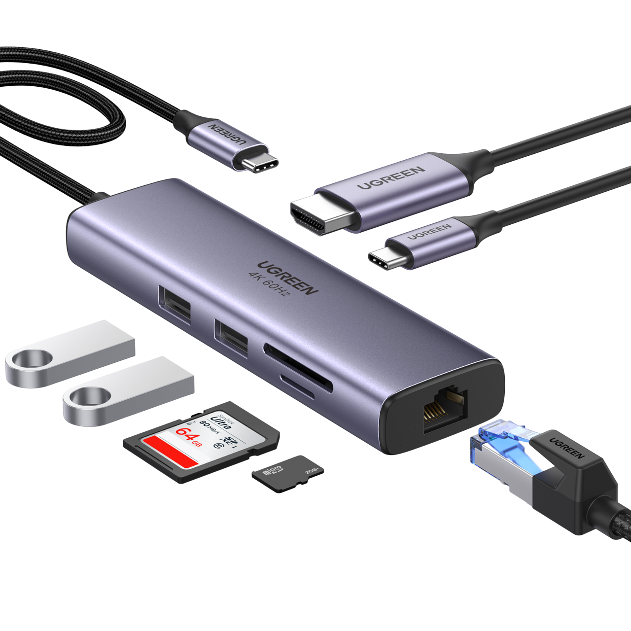 Gri UGREEN USB hub'ı ve ona bağlı çeşitli cihazlar.
