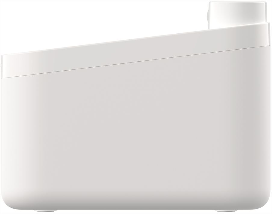 Dispositivo bianco, rettangolare con parte superiore arrotondata. Vista laterale, appoggiato su una superficie. Nessun marchio visibile.
